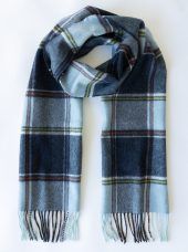 Irish Wool Scarf Long - Blue Navy Multi Block Check