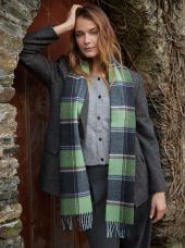 Irish Wool Scarf Long - Green Charcoal Multi Block Check