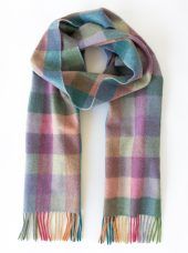 Irish Wool Scarf Long - Purple Heather Green Blue Block Check