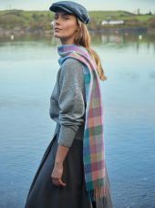 Irish Wool Scarf Long - Purple Heather Green Blue Block Check