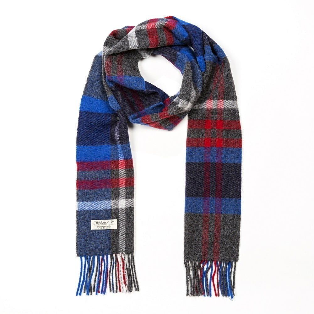 Irish Wool Scarf Long - Charcoal Blue Red Check