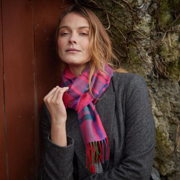 Merino Luxury Wool Scarf - Pink Slate Navy Blue Check Herringbone