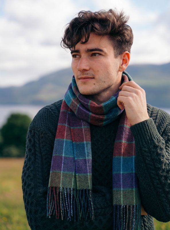 Irish Wool Scarf Short Teal Red Purple Check