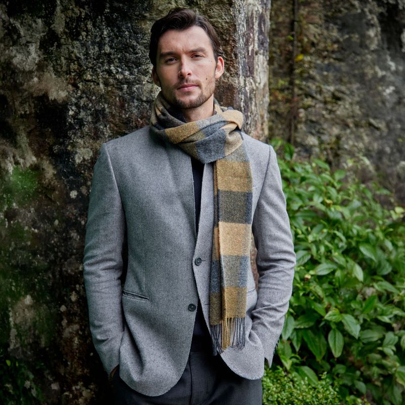 Irish Wool Scarf Short Grey Beige Black Check