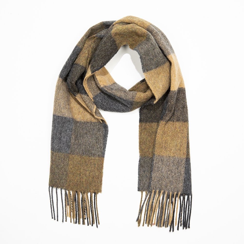 Irish Wool Scarf Short Grey Beige Black Check