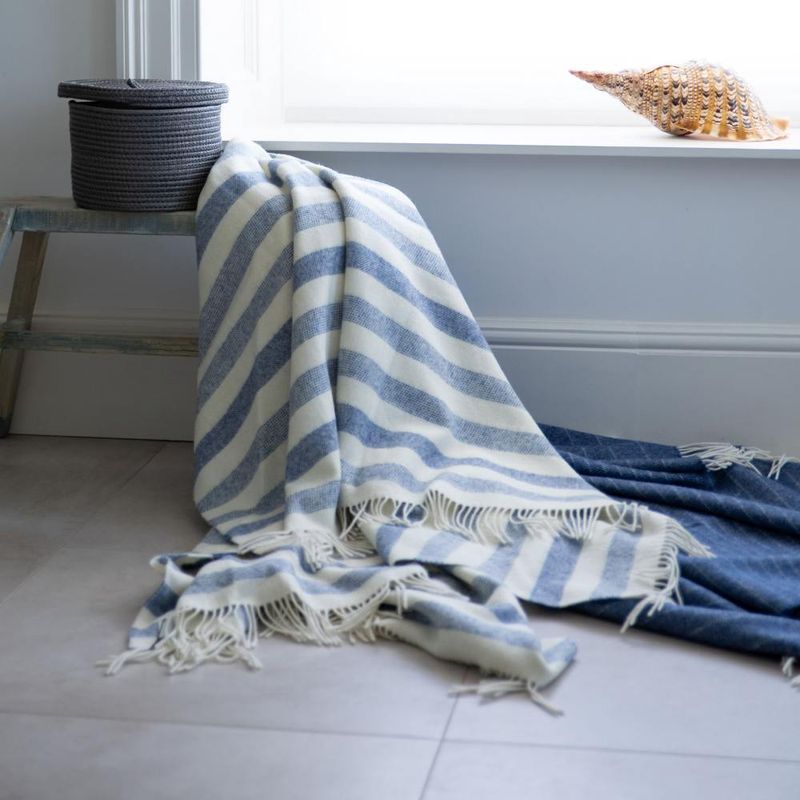 Merino Lambswool Blanket White &amp; Denim Stripe