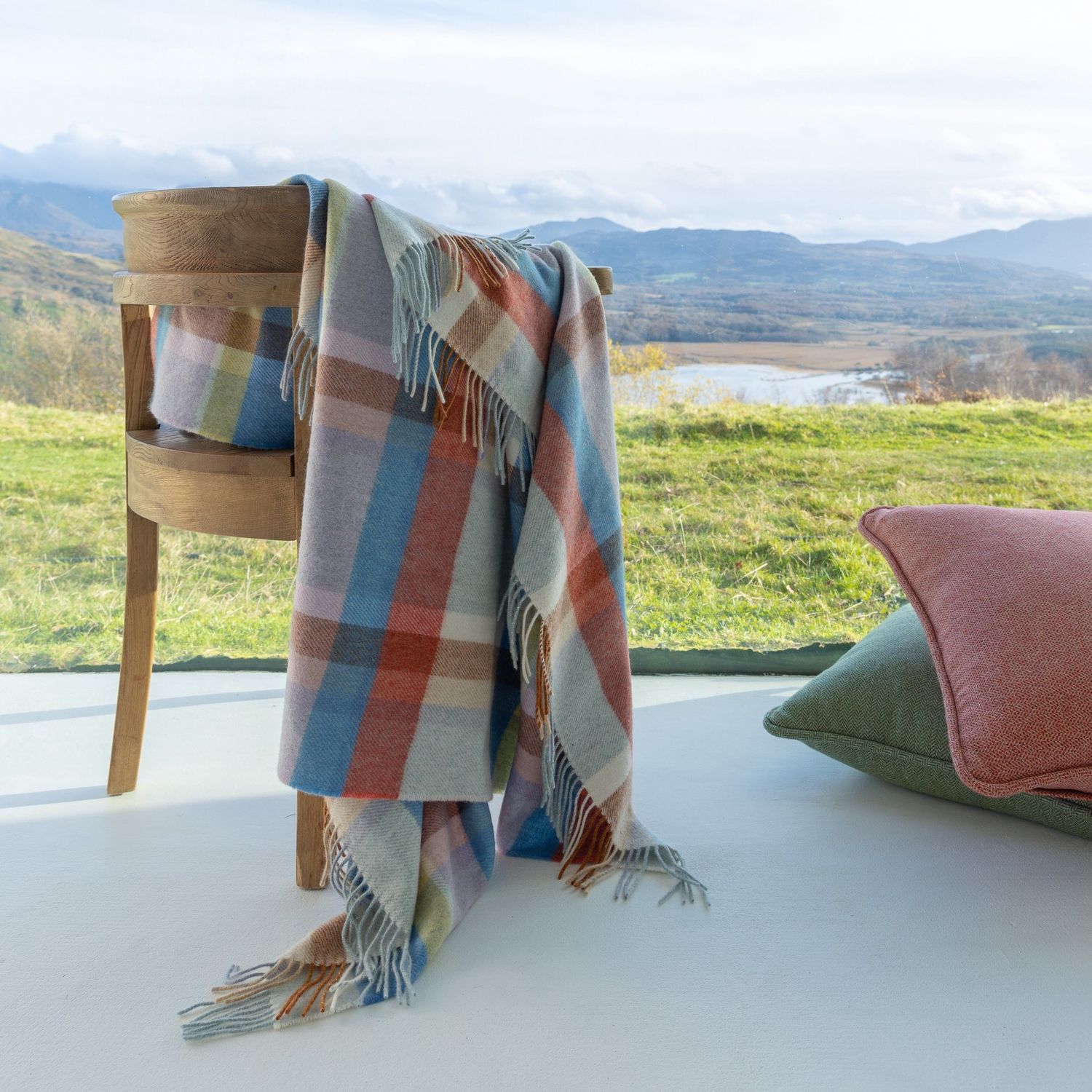 Merino Lambswool Blanket Blue Green Lilac Peach Plaid