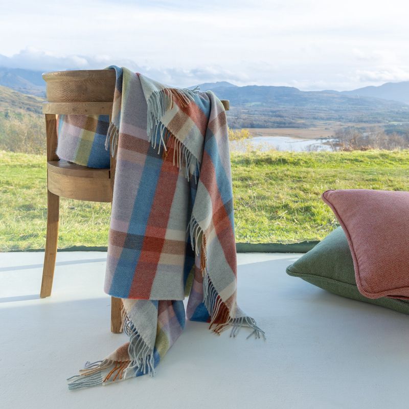 Merino Lambswool Blanket Blue Green Lilac Peach Plaid