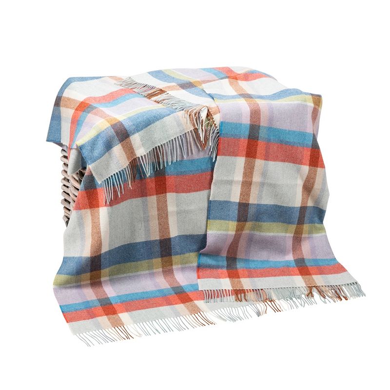 Merino Lambswool Blanket Blue Green Lilac Peach Plaid