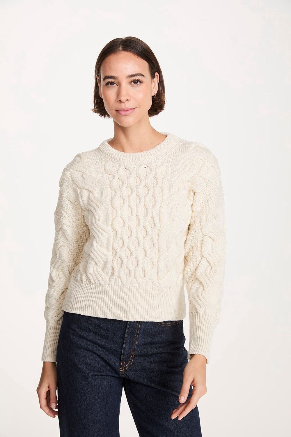 Supersoft Merino Wool Crop Cable Sweater - Natural