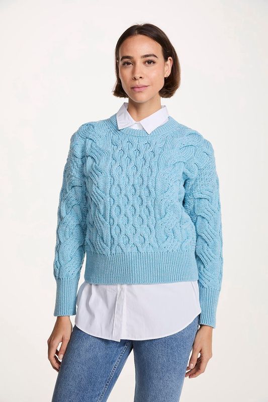 Supersoft Merino Wool Crop Cable Sweater - Sky Blue