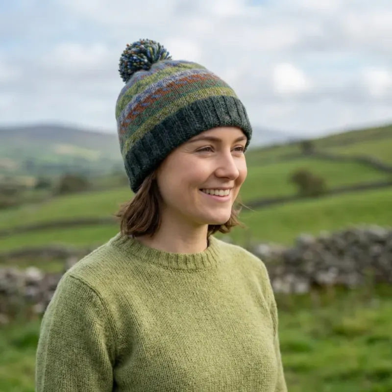 Pure Wool Unisex Bobble Beanie - Fair Isle Green
