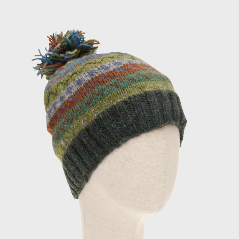 Pure Wool Unisex Bobble Beanie - Fair Isle Green