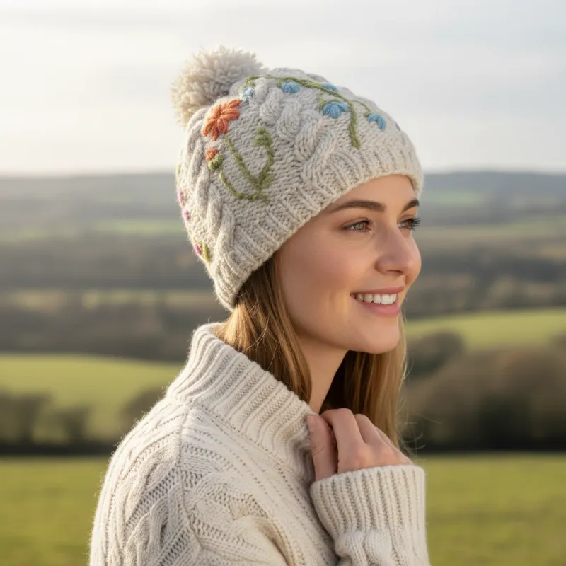 Pure Wool Bobble Beanie - Embroidery Irish Wild Flower