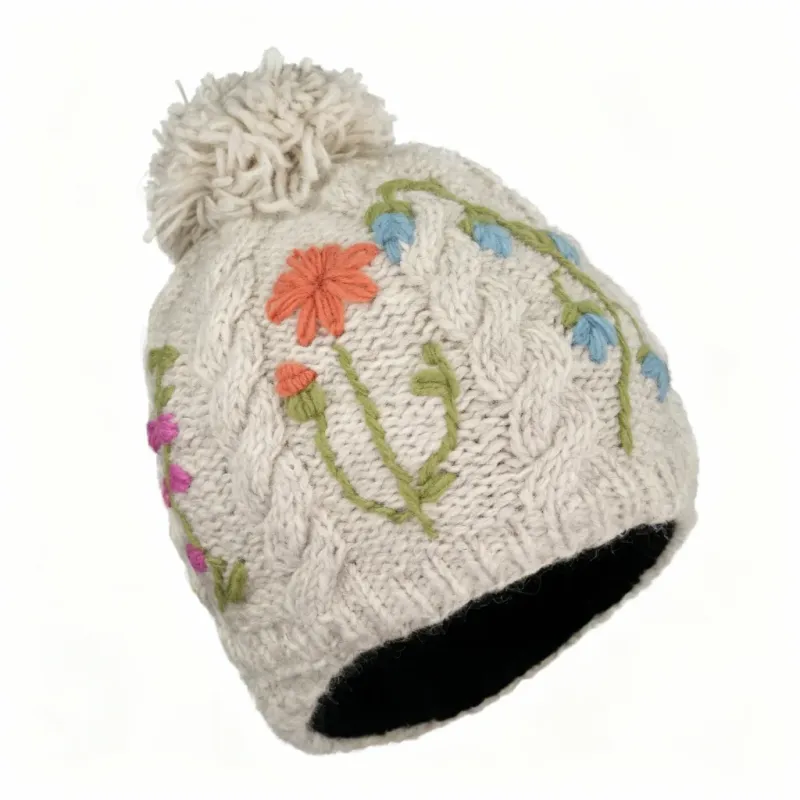 Pure Wool Bobble Beanie - Embroidery Irish Wild Flower