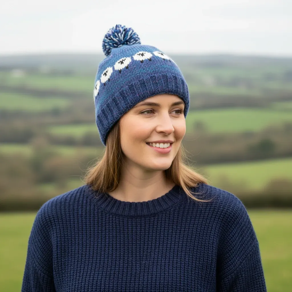 Pure Wool Unisex Sheep Bobble Beanie - Denim Blue