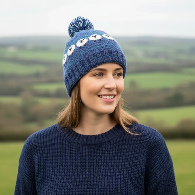 Pure Wool Unisex Sheep Bobble Beanie - Denim Blue