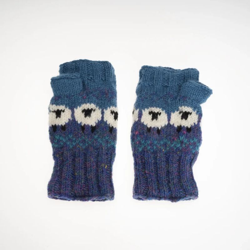 Pure Wool Hand Knitted Fingerless Handwarmers - Denim Blue