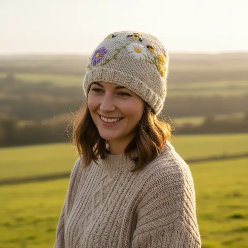 Handknit Pure Wool Beanie - Irish Wild Flowers Embroidery