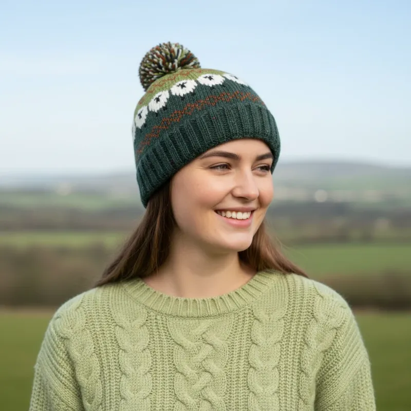 Pure Wool Unisex Sheep Bobble Beanie - Fair Isle Dark Green