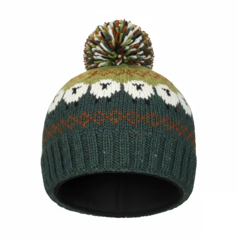 Pure Wool Unisex Sheep Bobble Beanie - Fair Isle Dark Green