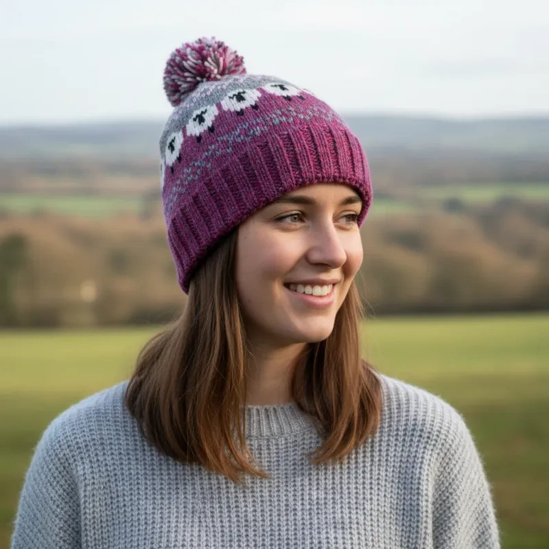 Pure Wool Unisex Sheep Bobble Beanie - Heather Pink