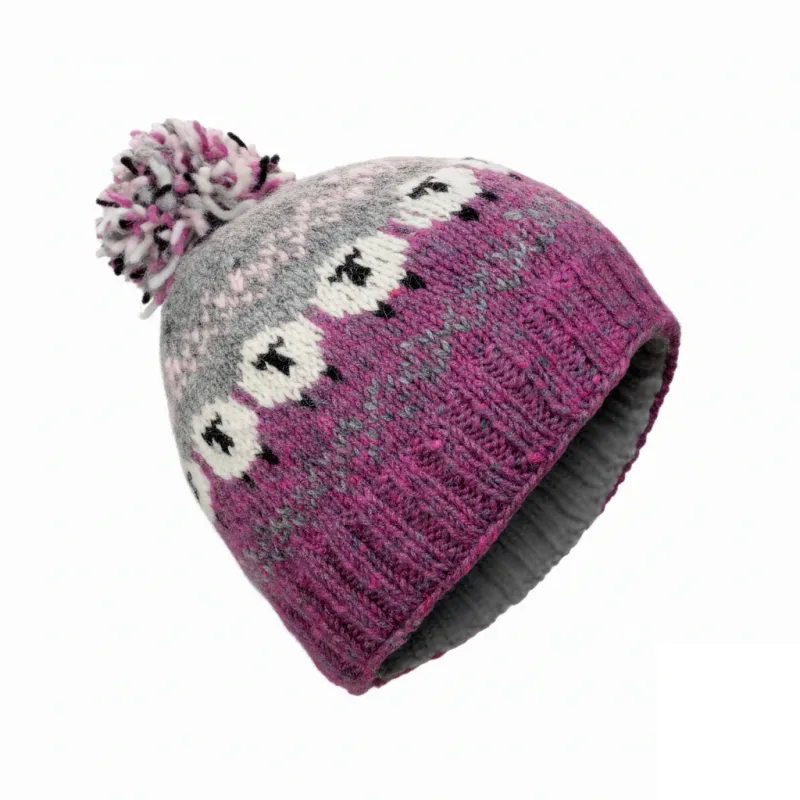 Pure Wool Unisex Sheep Bobble Beanie - Heather Pink