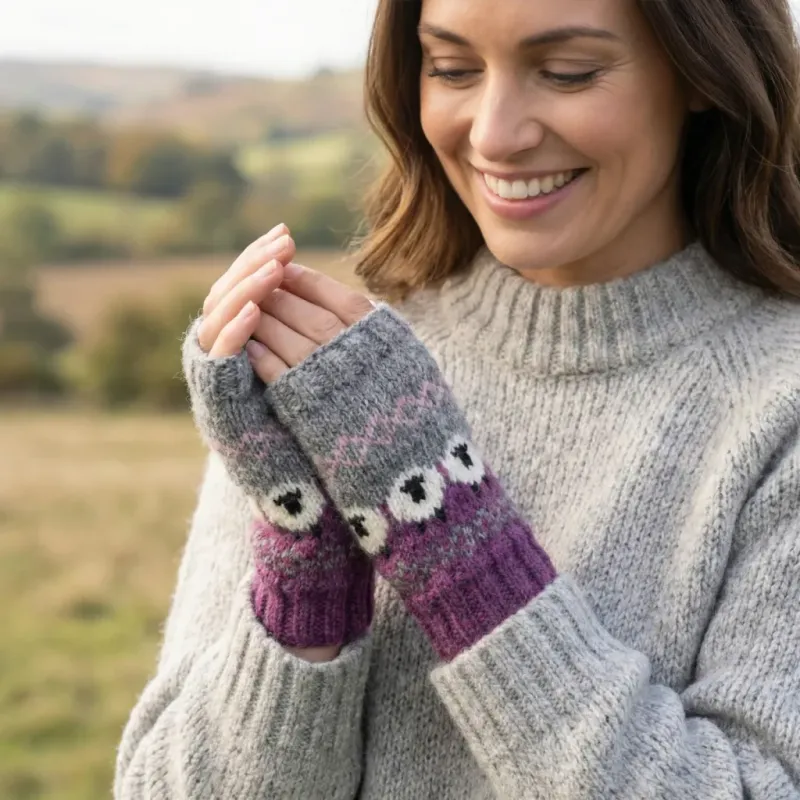 Pure Wool Hand Knitted Fingerless Handwarmers - Heather Pink