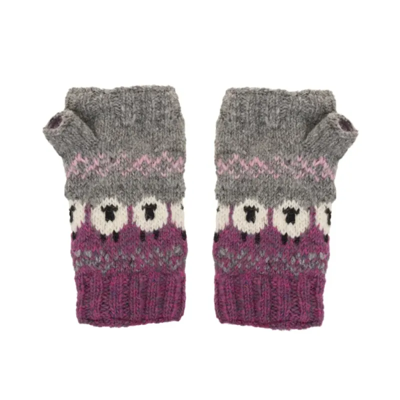 Pure Wool Hand Knitted Fingerless Handwarmers - Heather Pink