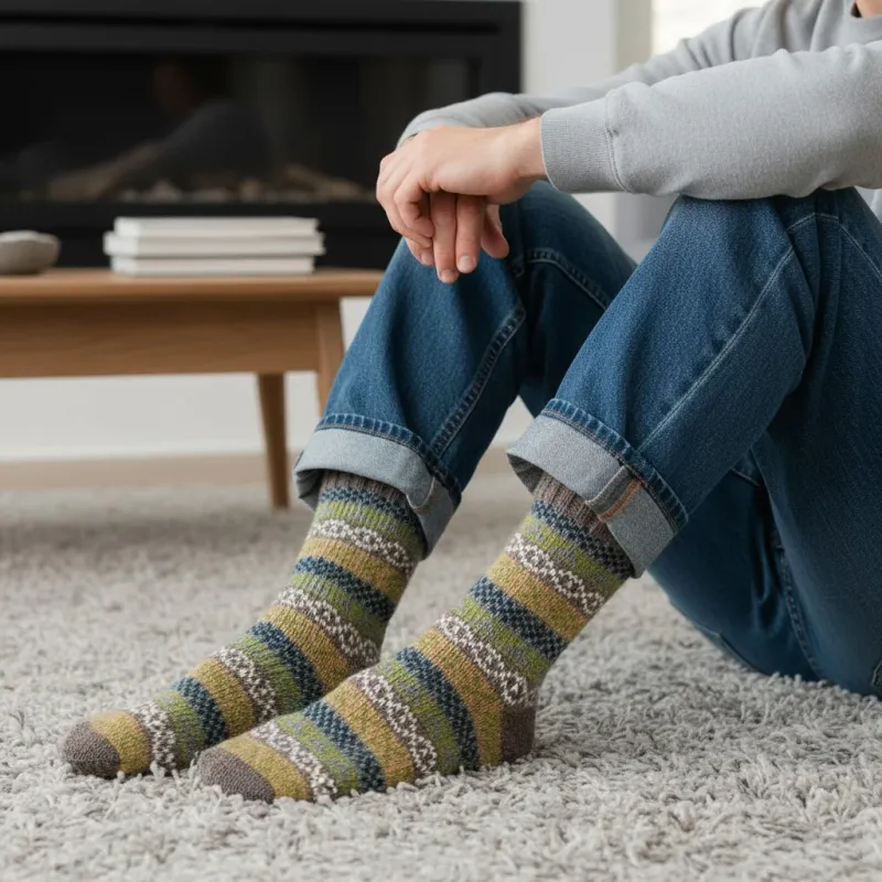 Pure Wool Mens Fleece Lined Fair Isle Socks - Green