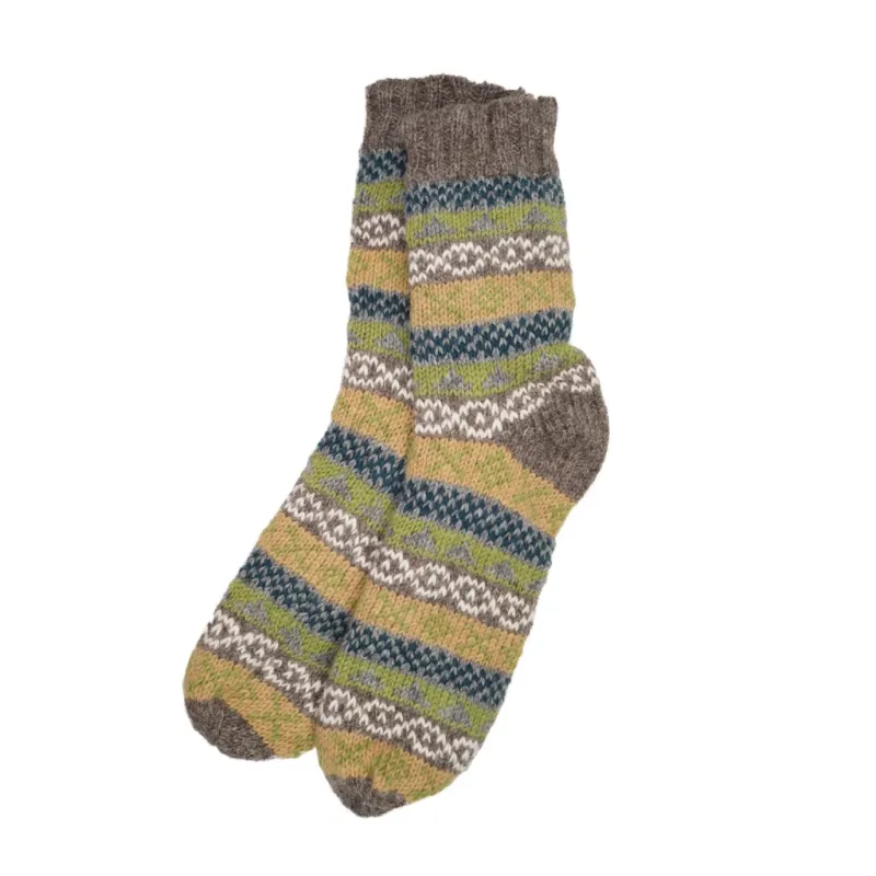 Pure Wool Mens Fleece Lined Fair Isle Socks - Green