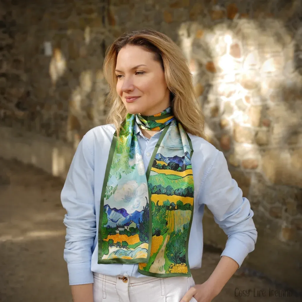 100% Mulberry Silk Scarf - Oil Painting of Irish Landscape Design