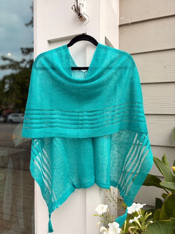 100% Linen Poncho - Aqua