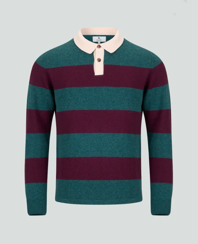 Jonathan Dark Cedar Green &amp; Mulberry Red Knitted Rugby Shirt