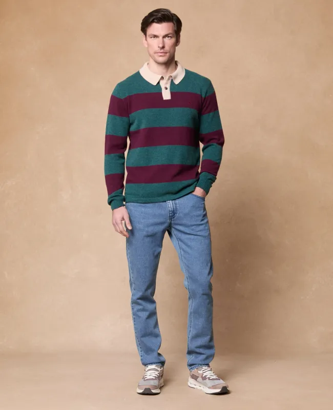 Jonathan Dark Cedar Green &amp; Mulberry Red Knitted Rugby Shirt