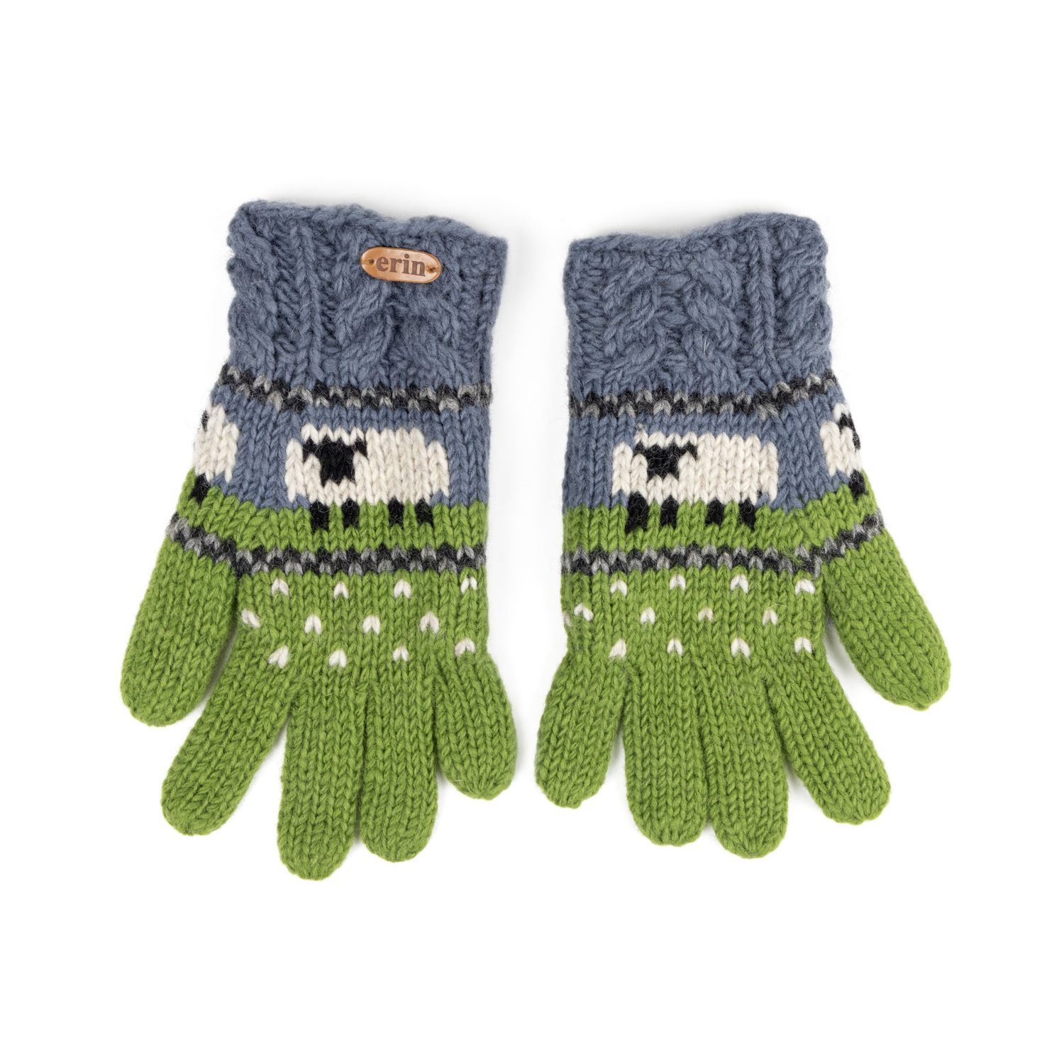 Aran Sheep Cable Gloves - Blue/Green