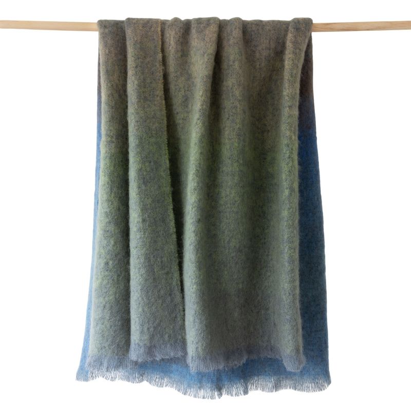 John Hanly Mohair Throw - Blue Brown Khaki Green Mix Diffused Stripe