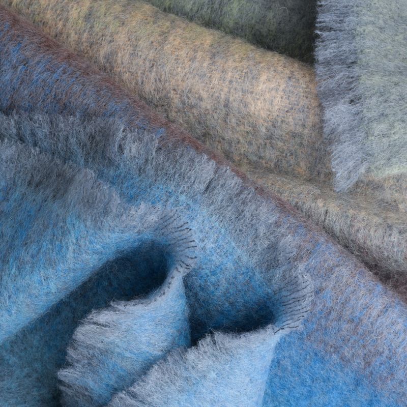 John Hanly Mohair Throw - Blue Brown Khaki Green Mix Diffused Stripe
