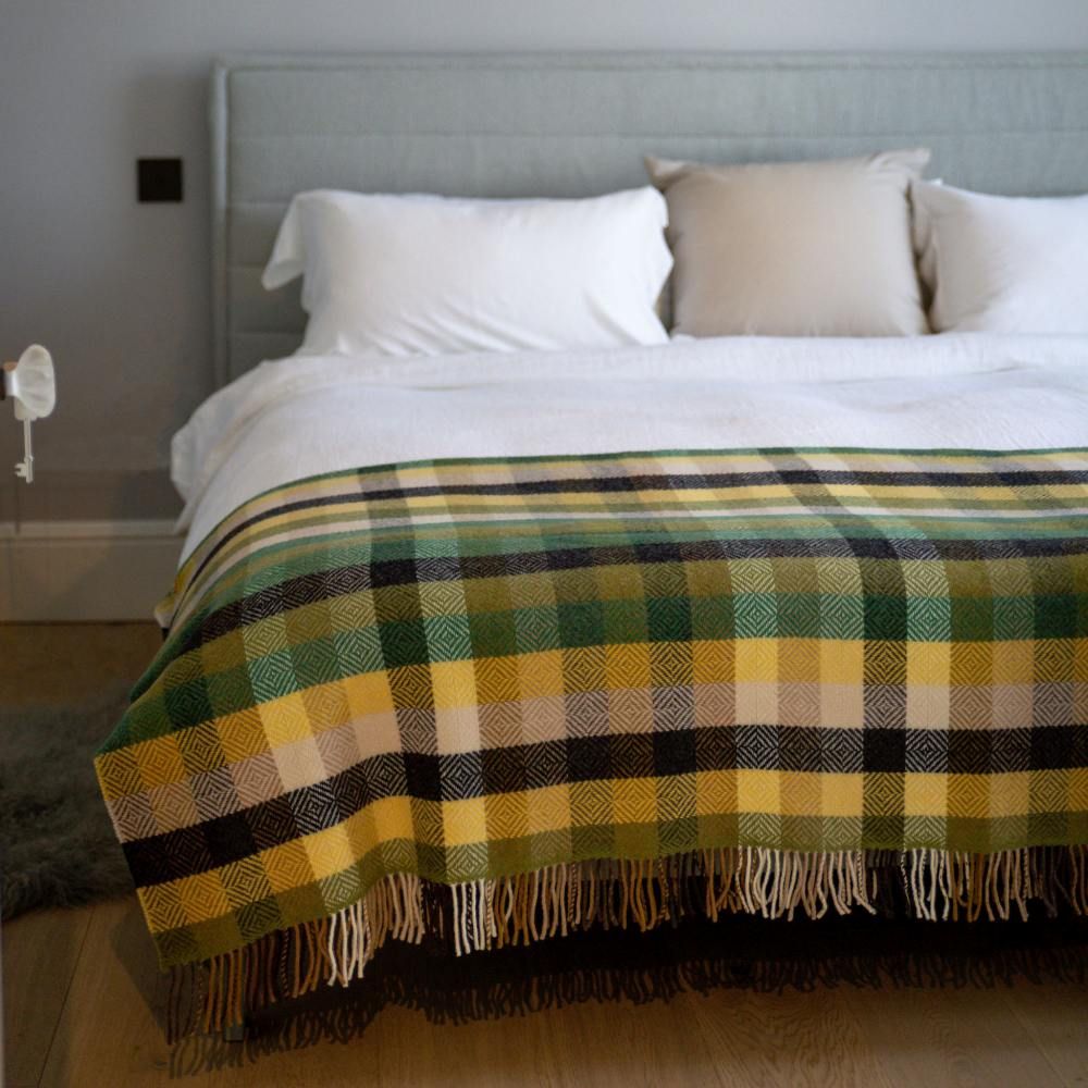 John Hanly Merino Wool Cashmere Throw - Green Yellow Charcoal Diamond Weave
