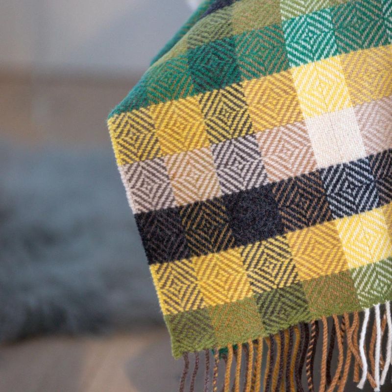 John Hanly Merino Wool Cashmere Throw - Green Yellow Charcoal Diamond Weave