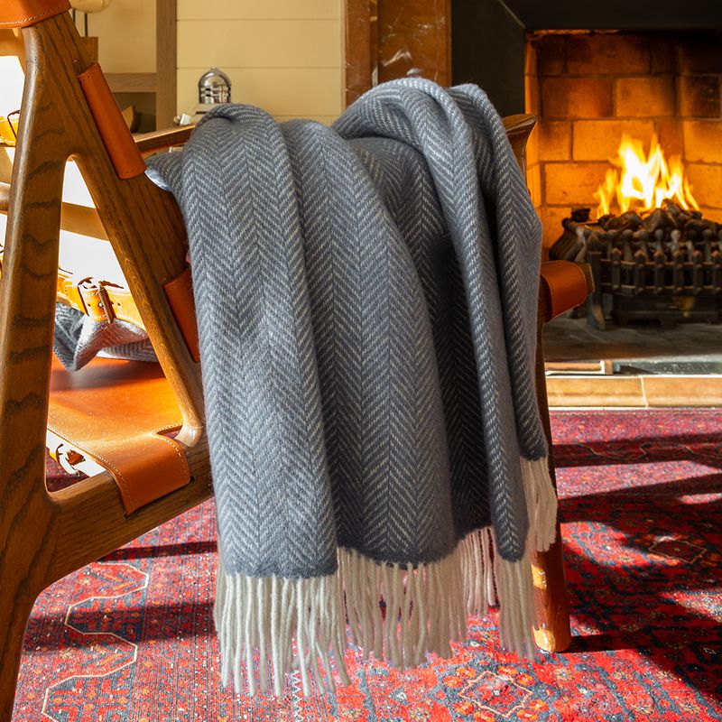Merino Wool Cashmere Throw - Grey Herringbone