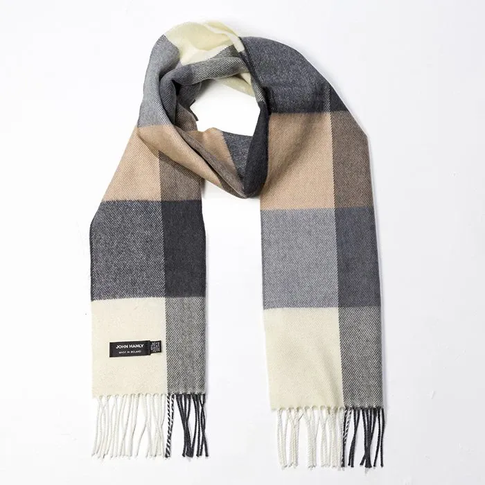 100% Merino Wool Scarf - Cream Brown &amp; Black Block Check