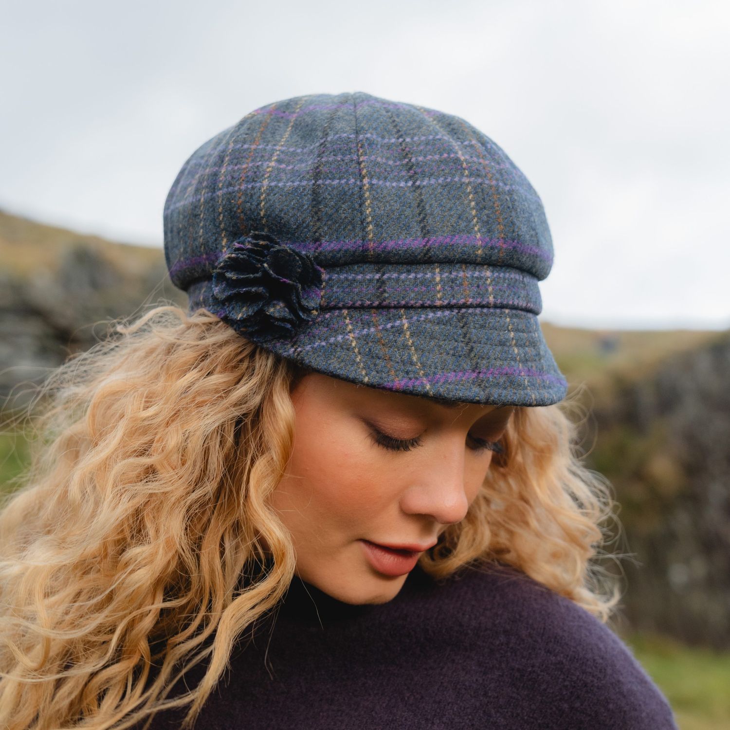 Una Tweed Hat - Blue Green with Purple Overchecks