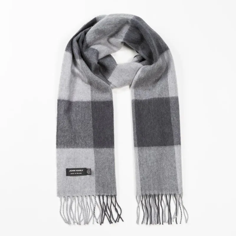 100% Merino Wool Scarf - Grey Mix Block Check