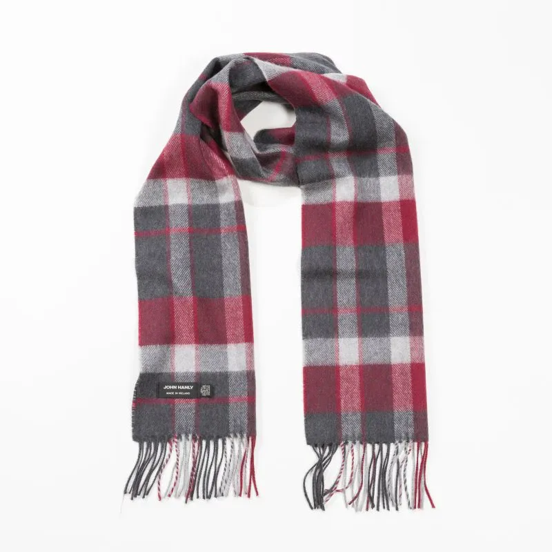 100% Merino Wool Scarf - Charcoal Silver Red Check