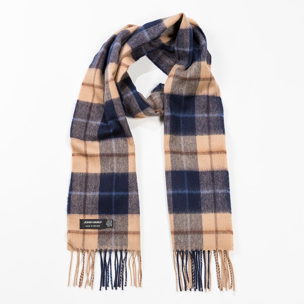 100% Merino Wool Scarf - Navy Beige Brown Check