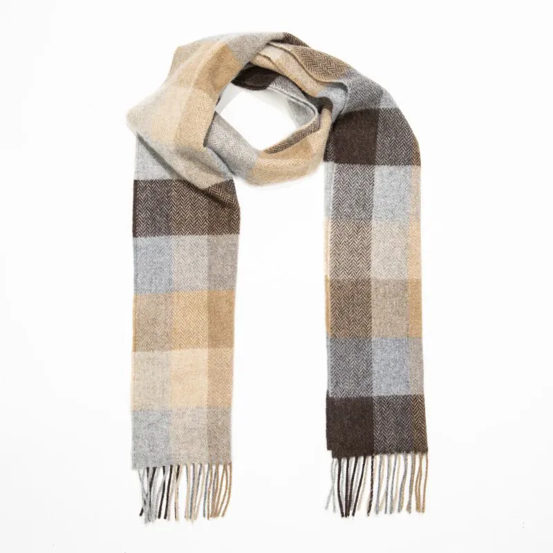 Irish Wool Scarf Long -  Beige Brown Grey Herringbone
