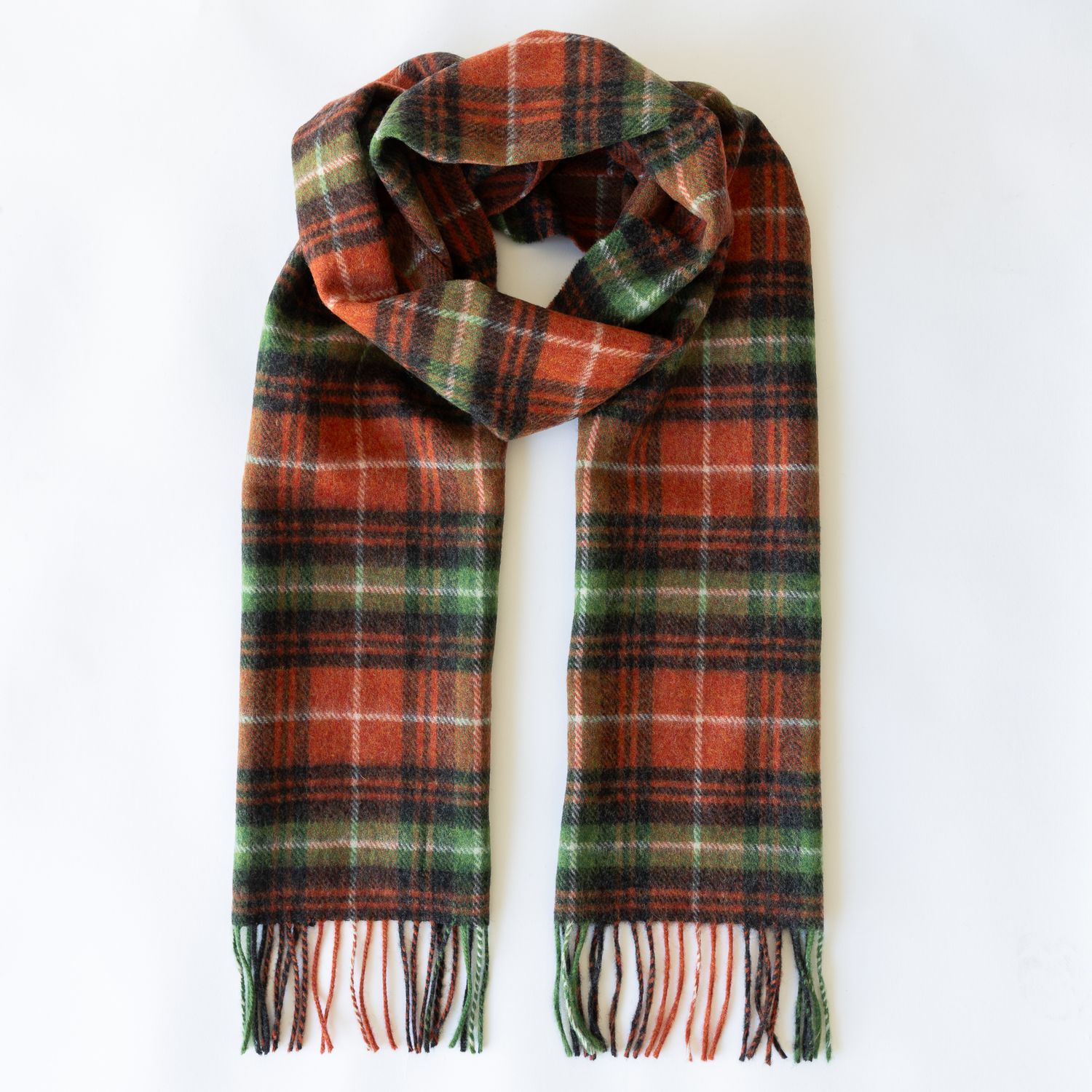 Irish Wool Scarf Long - Rust Orange Green Charcoal Check