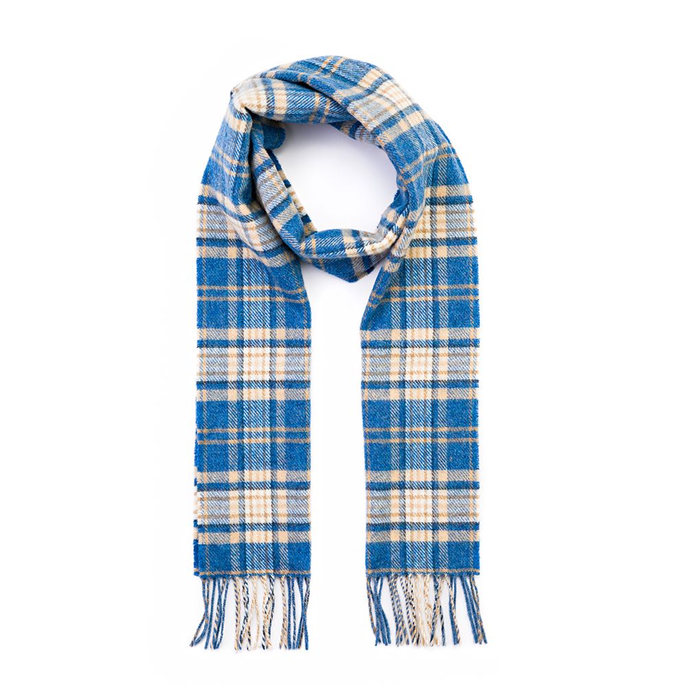 Irish Wool Scarf Long - Blue Beige Check