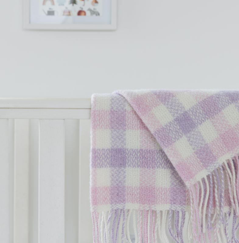 Irish Cashmere Baby Blanket - Pink and Lilac Block Check